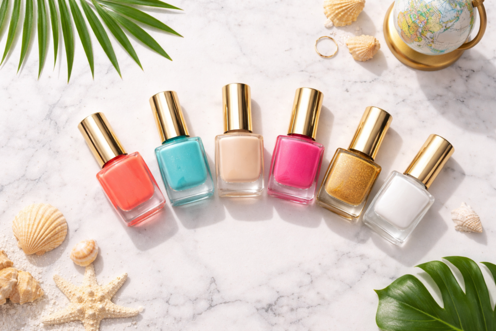 top nail color palettes for vacation 2026 including coral, turquoise, and gold swatches