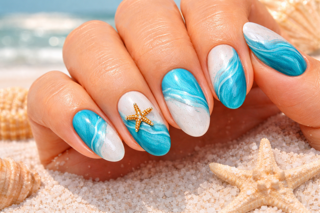 Beach vacation nail designs 2026 with ocean waves and tropical motifs