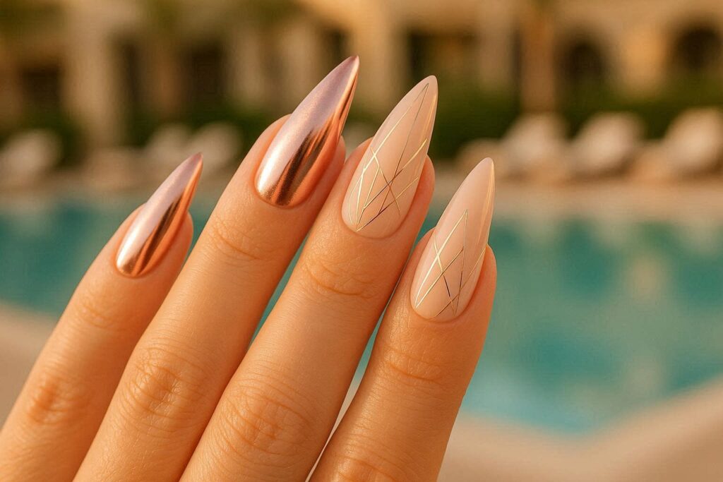 Resort glam vacation nail ideas 2026 with rose gold and chrome finishes