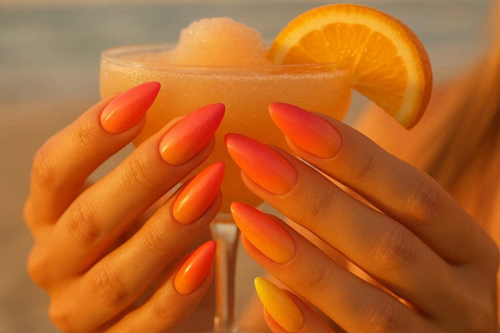 Sunset ombre vacation nail ideas 2026 with coral orange and pink gradient".