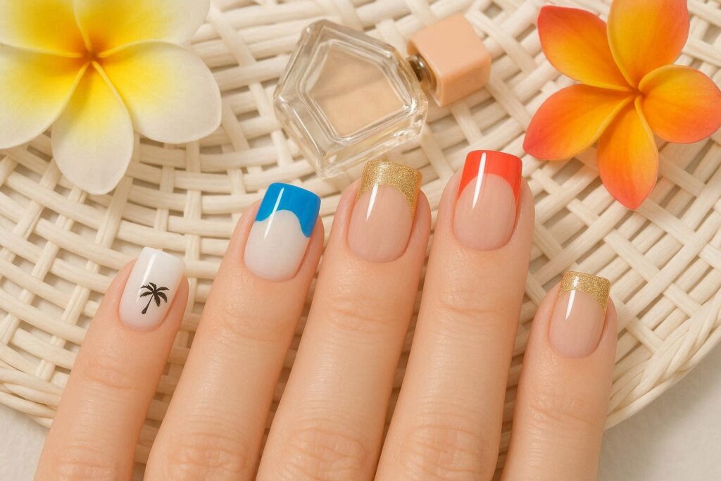Vacation French tip nail ideas 2026 with colored and wavy tips