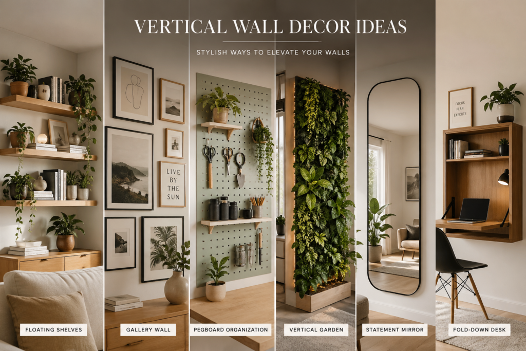 Vertical wall decor ideas collage showing floating shelves gallery wall pegboard and vertical garden in modern home