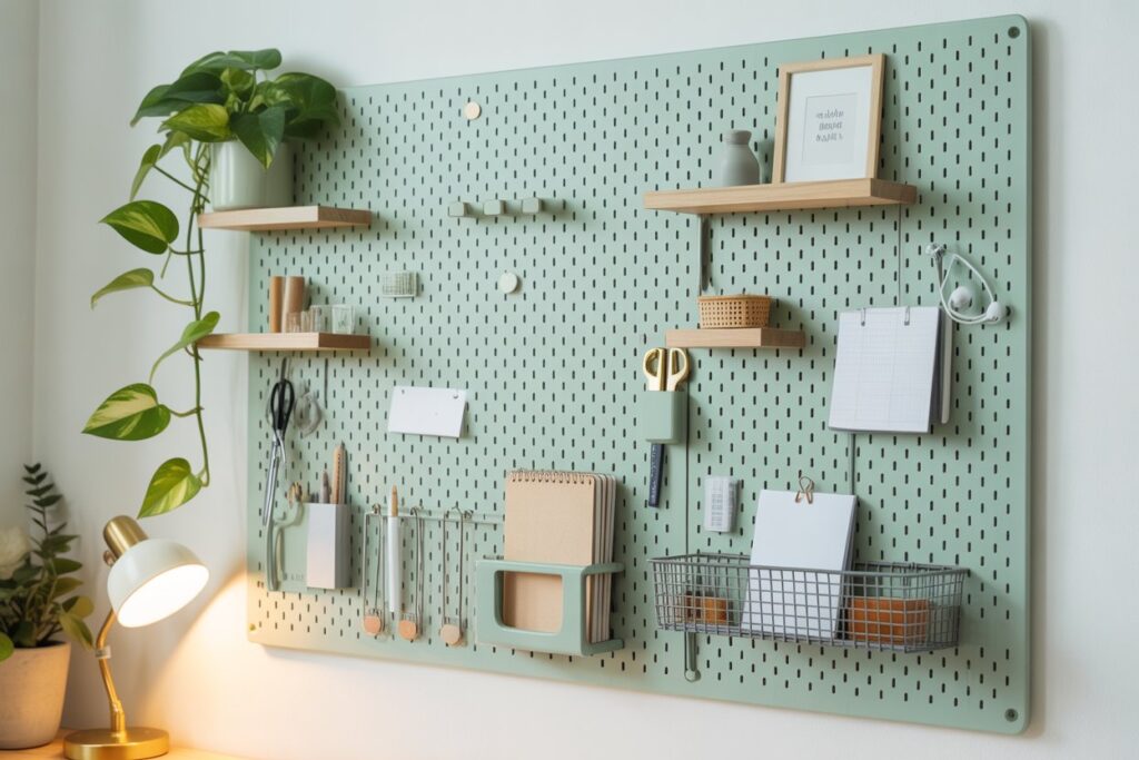 Vertical wall decor pegboard organization system in home office with plants tools notebooks and accessories 