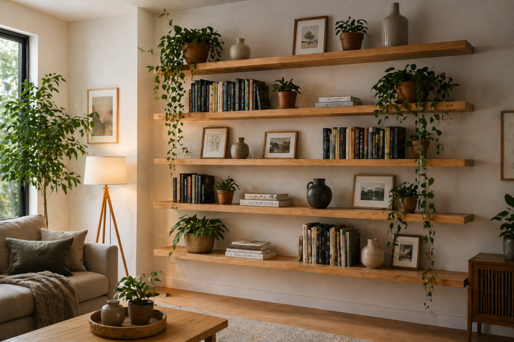 Vertical wall decor idea floating shelves stacked floor to ceiling with plants books and decorative objects in living room