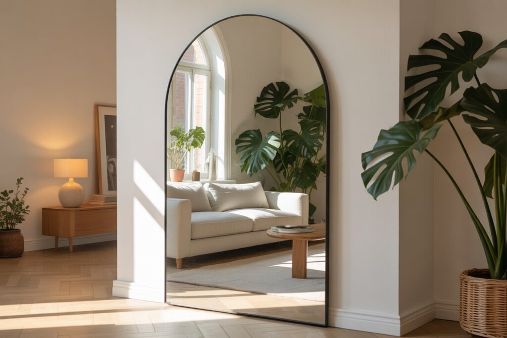 Vertical wall decor oversized mirror leaning and mounted in living room to create depth and reflect natural light 