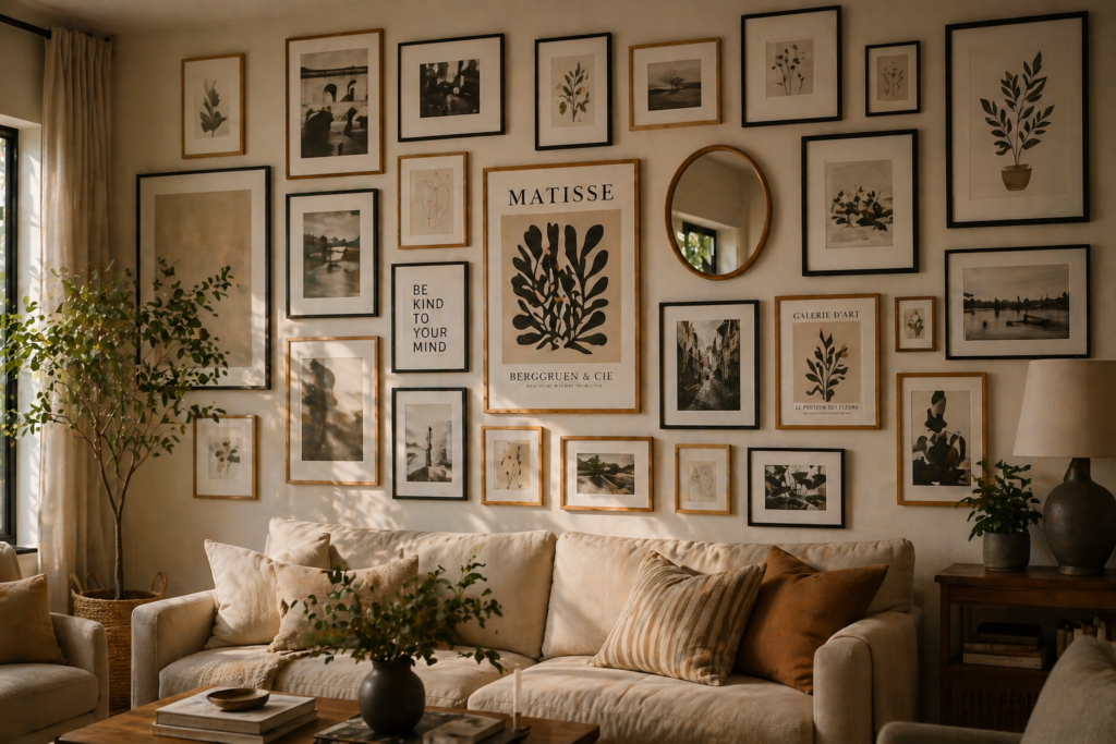 Vertical wall decor gallery wall with mixed frames art prints photographs and mirrors in eclectic home  