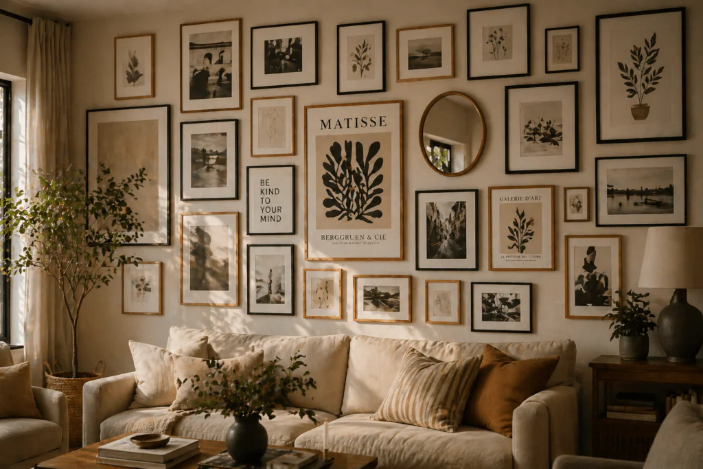 Vertical wall decor gallery wall with mixed frames art prints photographs and mirrors in eclectic home  