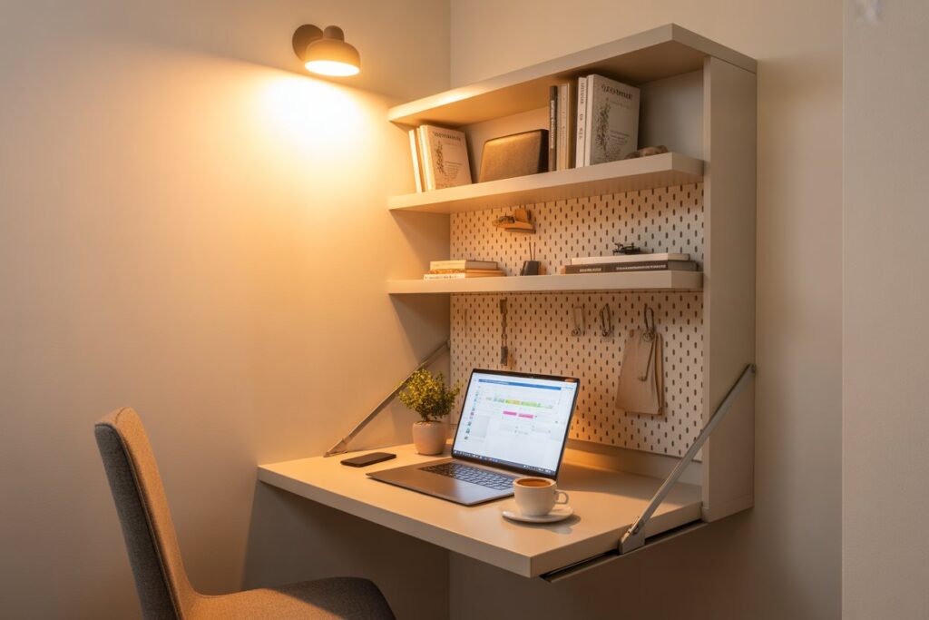Vertical wall decor wall mounted fold down desk with floating shelves above in small home office nook