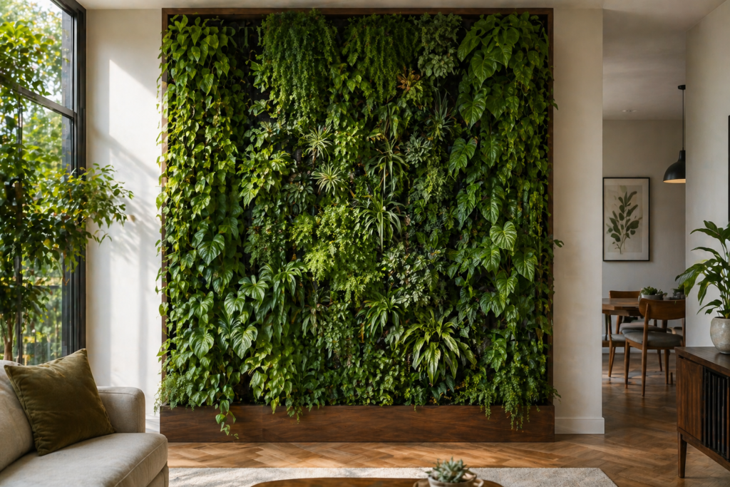 Vertical wall decor indoor vertical garden wall with lush green plants mounted on wooden frame in modern living room  