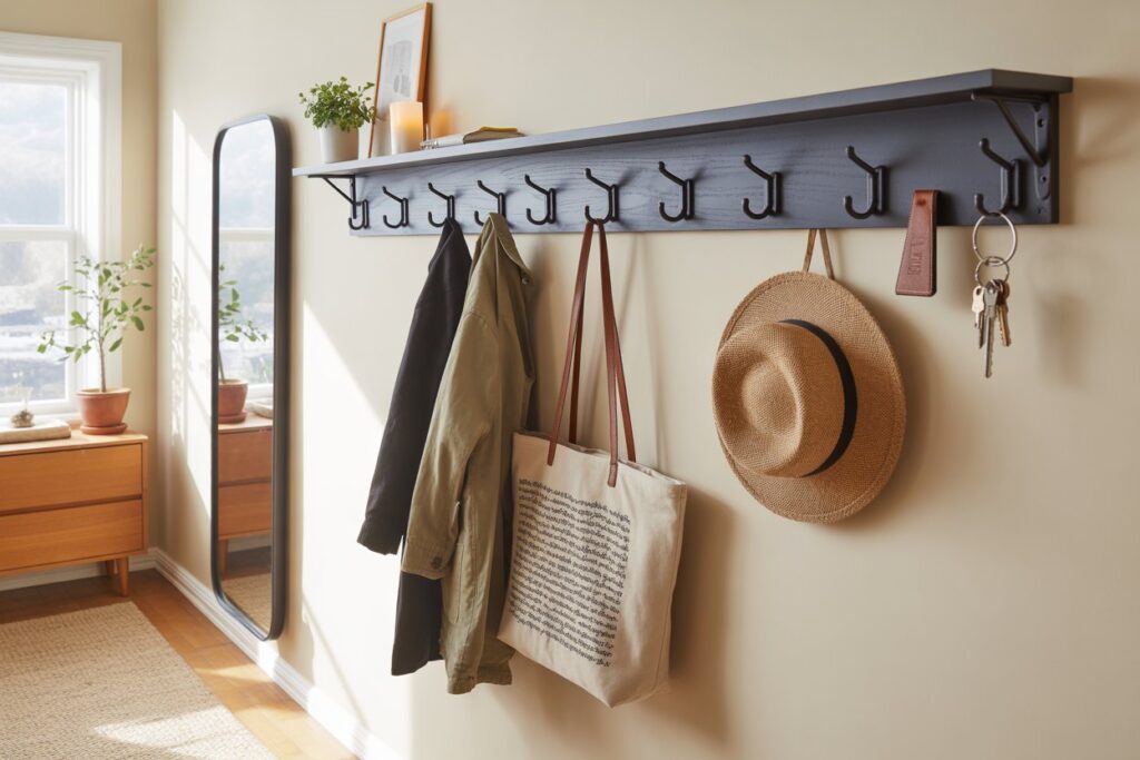 Vertical wall decor entryway hooks and rail system with coats bags keys and small shelf mounted on wall 