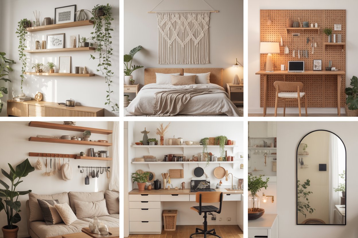 Vertical wall decor ideas for every room showing floating shelves gallery wall mirror pegboard and vertical garden in bright modern home