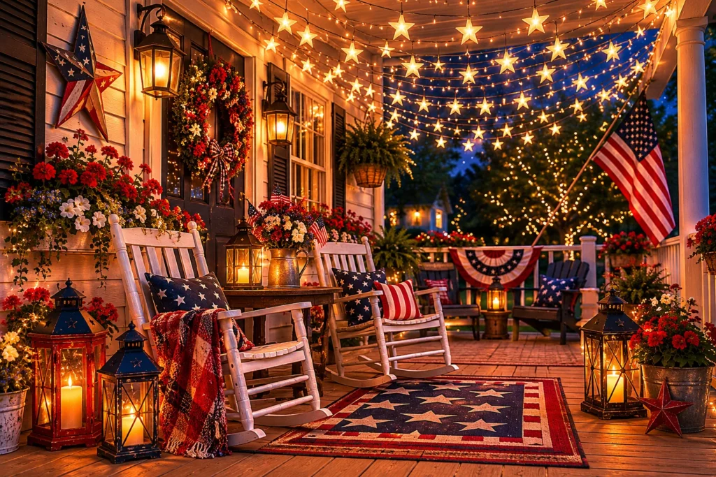 Solar starlight string light canopy on front porch for 4th of July nighttime decor