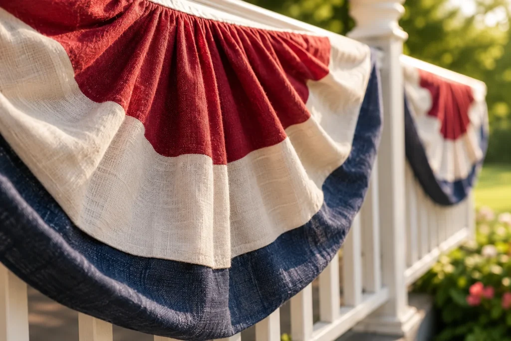 4th of July front porch decor with layered linen bunting in red white and navy blue