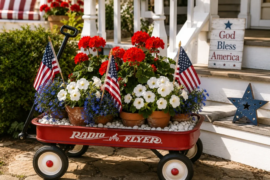 Upcycled red wagon flower cart at front porch for 4th of July decor with red white blue flowers