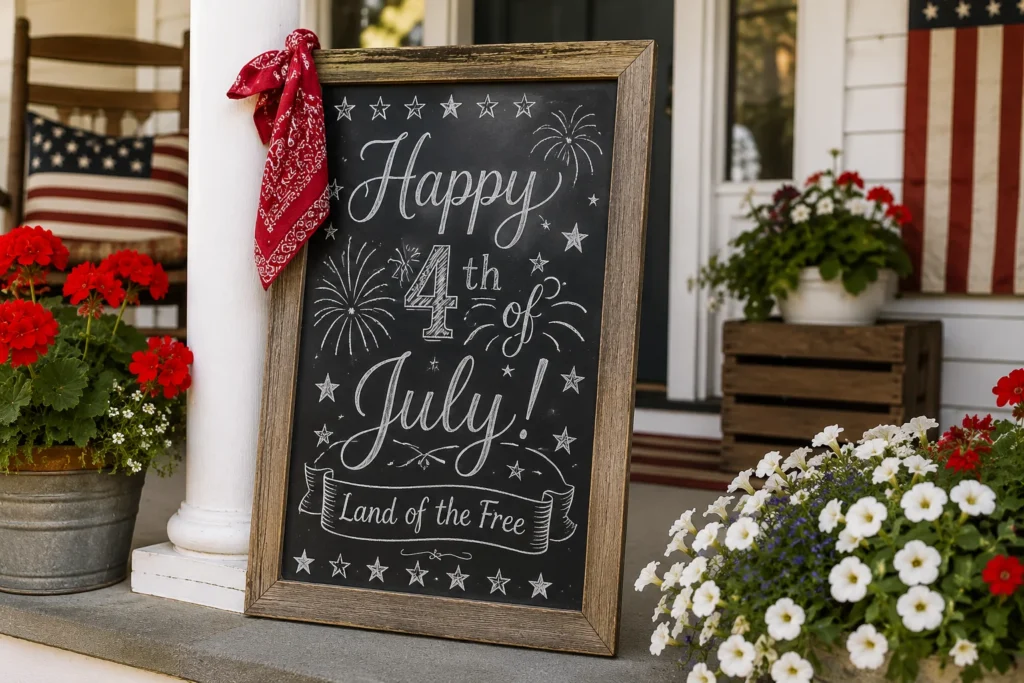 Chalkboard welcome sign with patriotic art for 4th of July front porch decor