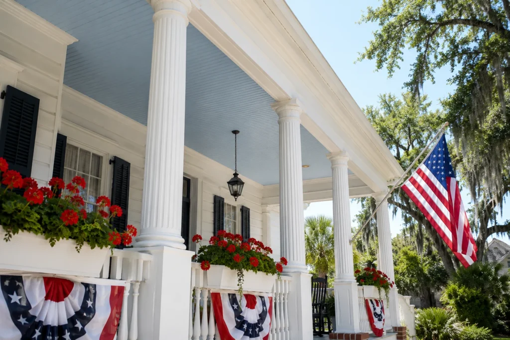 Haint blue painted porch ceiling on front porch with patriotic 4th of July decor and American flag"