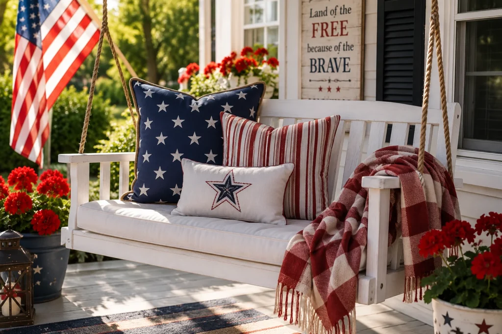 Patriotic pillow and throw layering on porch swing for 4th of July front porch decor red white blue