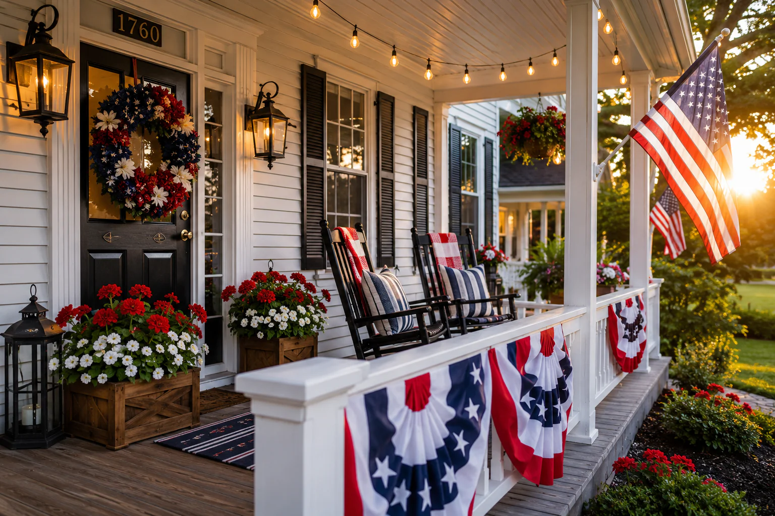 Beautiful 4th of July front porch decor with red white and blue bunting, patriotic wreath, and American flag"
