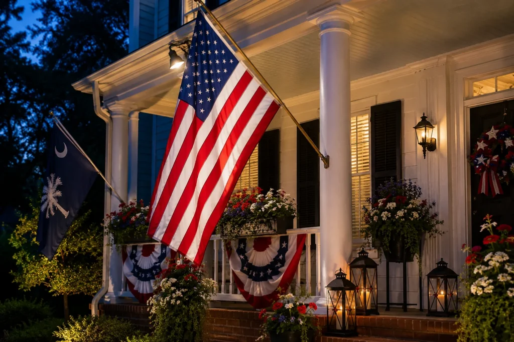 Grand American flag display with architectural bracket on front porch for 4th of July decor