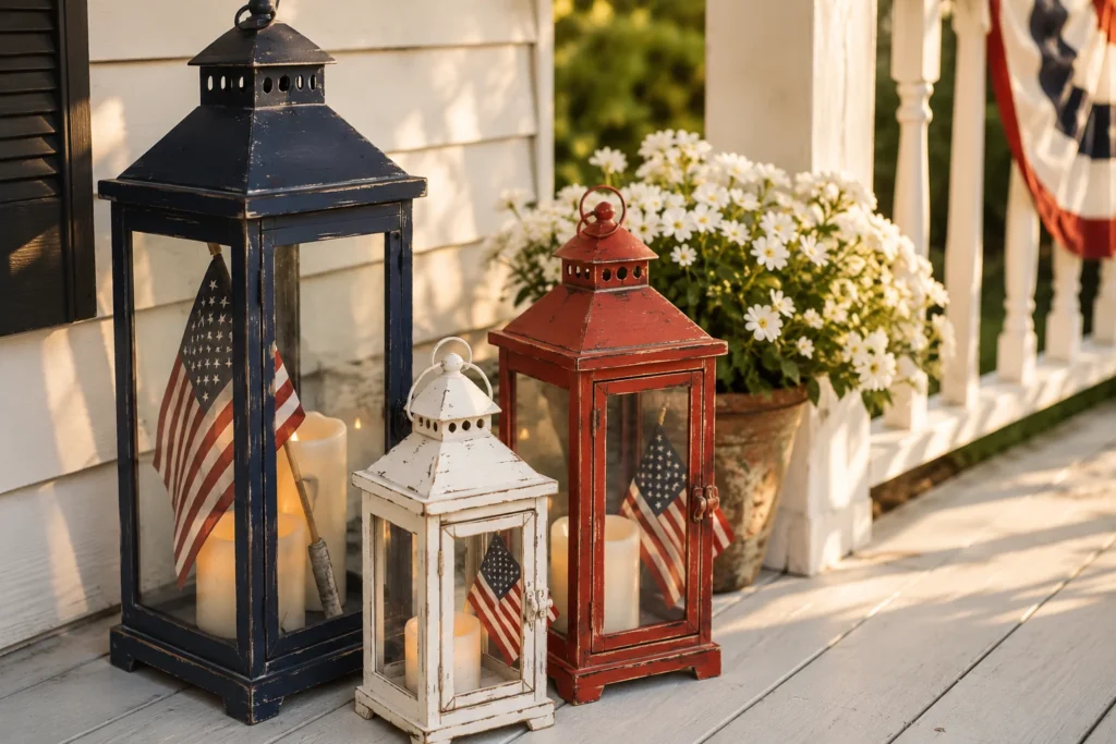 Patriotic lantern cluster on front porch for 4th of July decor with red white and blue lanterns