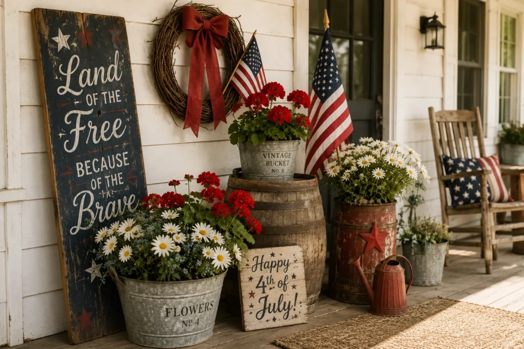 Farmhouse Americana 4th of July front porch decor with rustic wooden signs and galvanized metal buckets