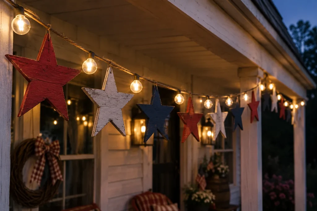 DIY wooden star garland with rope lights for 4th of July front porch decor