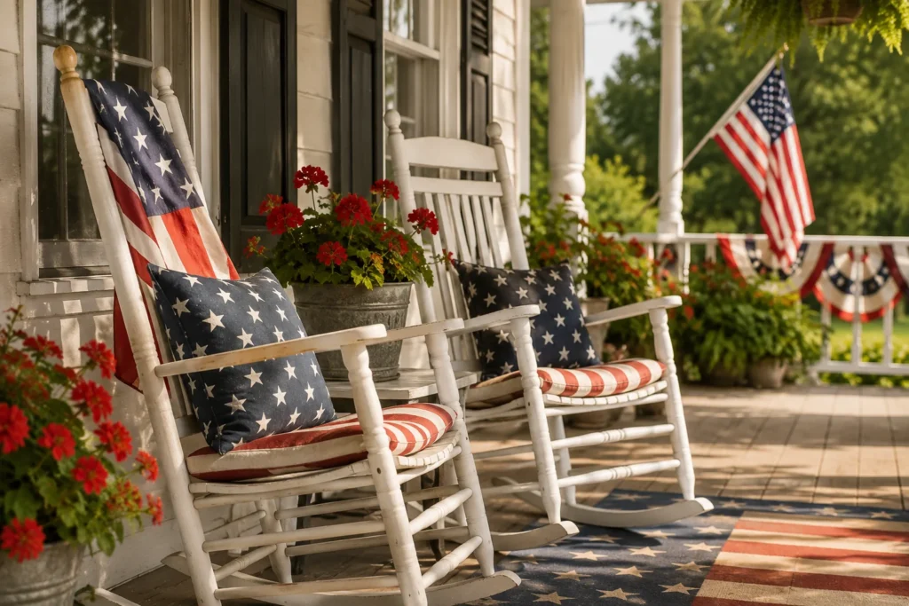 Red and white striped rocking chair cushions for 4th of July front porch decor patriotic makeover