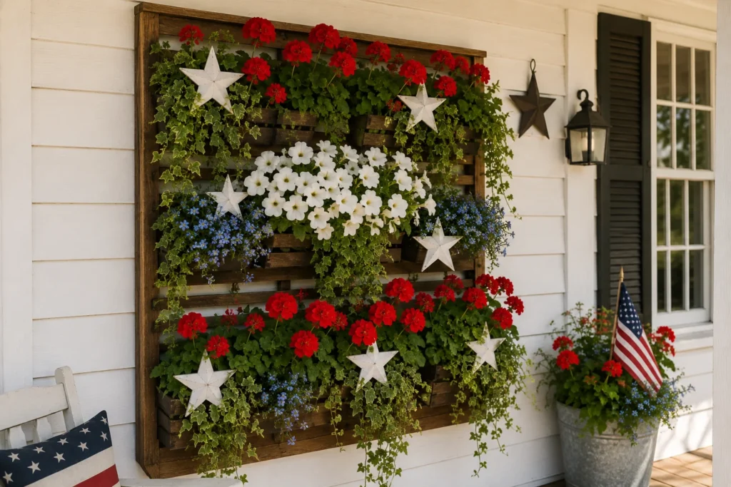 Patriotic vertical garden wall panel for 4th of July front porch decor with red white and blue flowers
