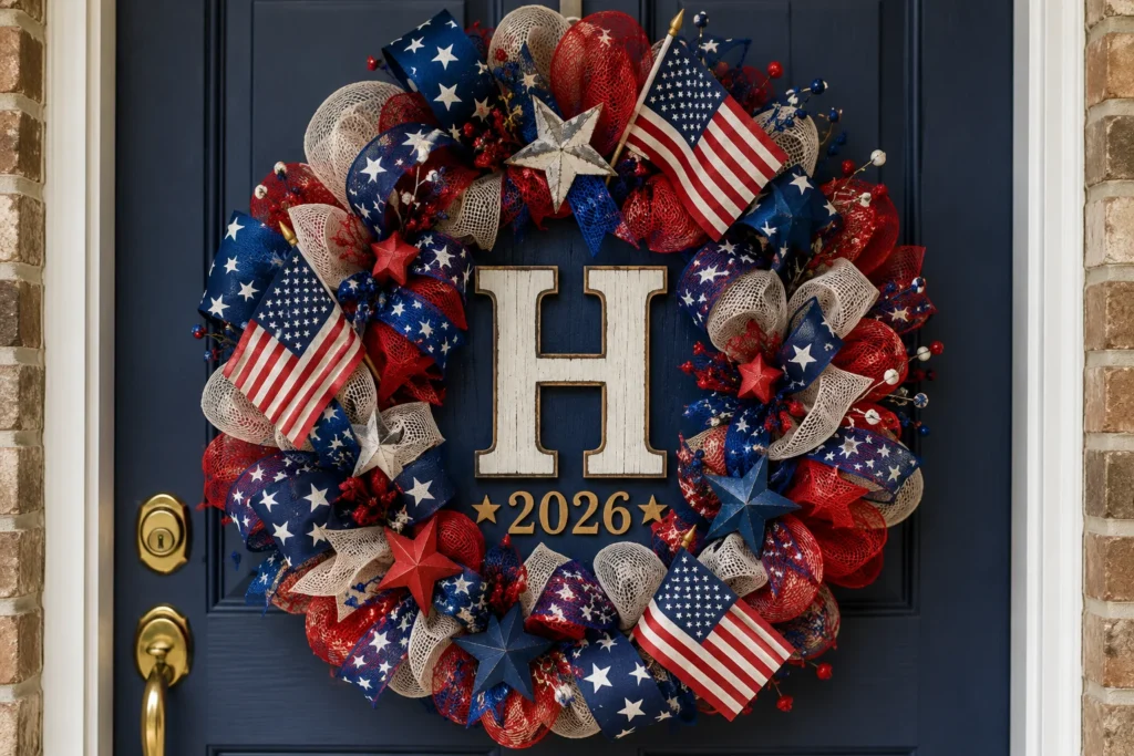 Monogram patriotic wreath with year 2026 on front door for 4th of July decor