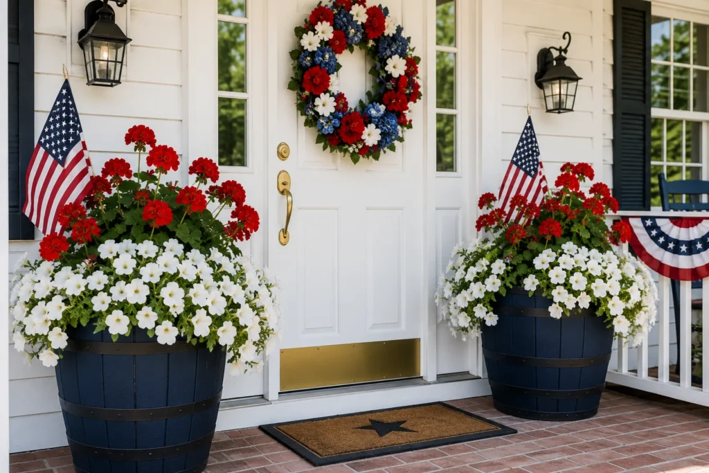 Navy barrel planters with white petunias and red geraniums for 4th of July front porch decor