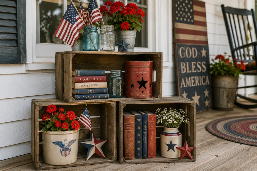 Vintage Americana milk crate display on front porch for 4th of July decor with patriotic collectibles