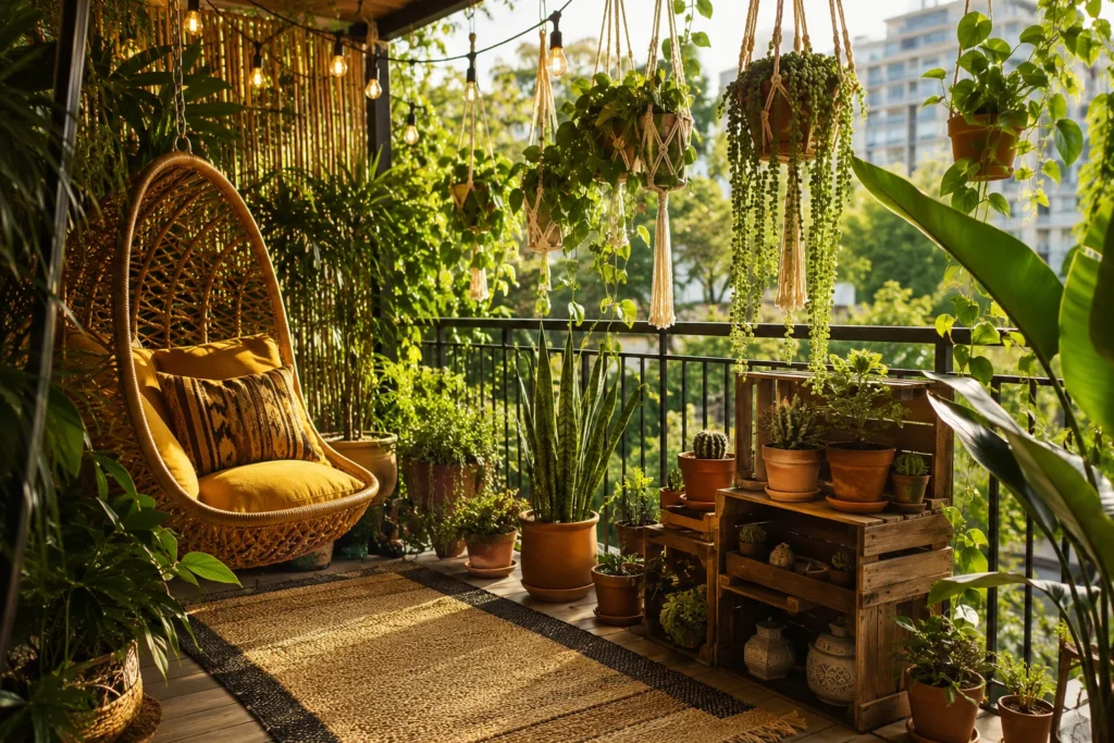 boho jungle balcony decor ideas 2026 with hanging macrame planters and rattan chair