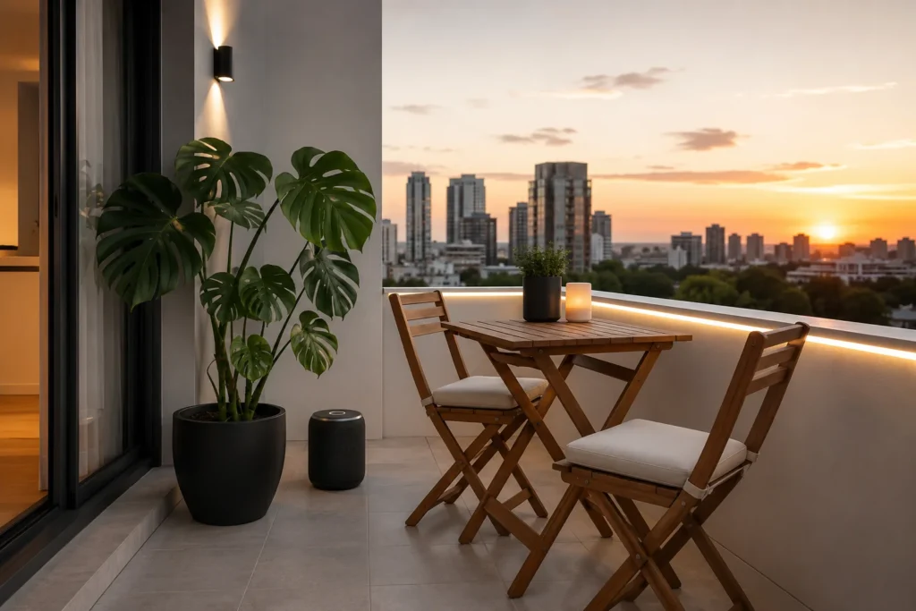  minimalist smart balcony decor 2026 with solar lights and clean teak furniture