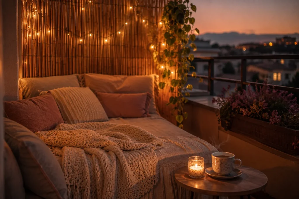 cozy balcony lounge nook decor ideas 2026 with daybed cushions and fairy lights