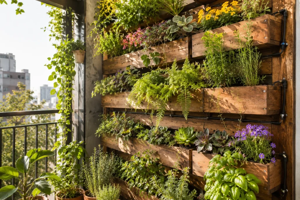 vertical garden wall balcony decor ideas 2026 with tiered planters and herbs