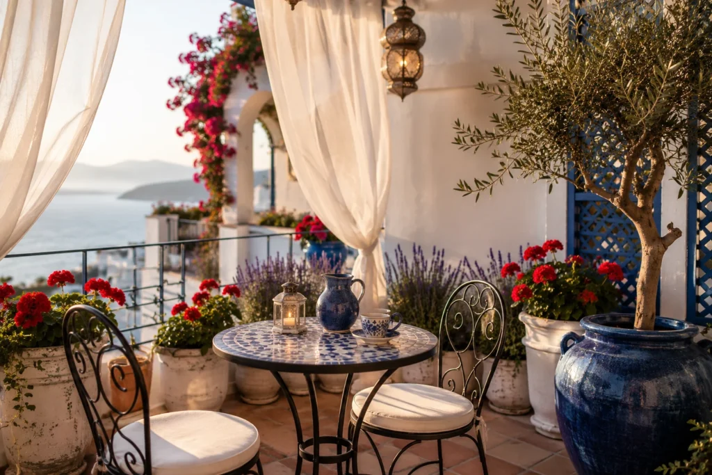 Mediterranean balcony terrace decor ideas 2026 with bistro chairs and geraniums