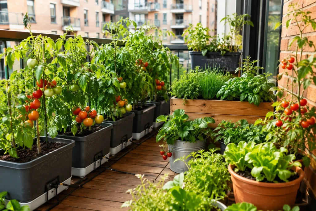 edible balcony garden decor ideas 2026 with vegetables herbs and self-watering containers