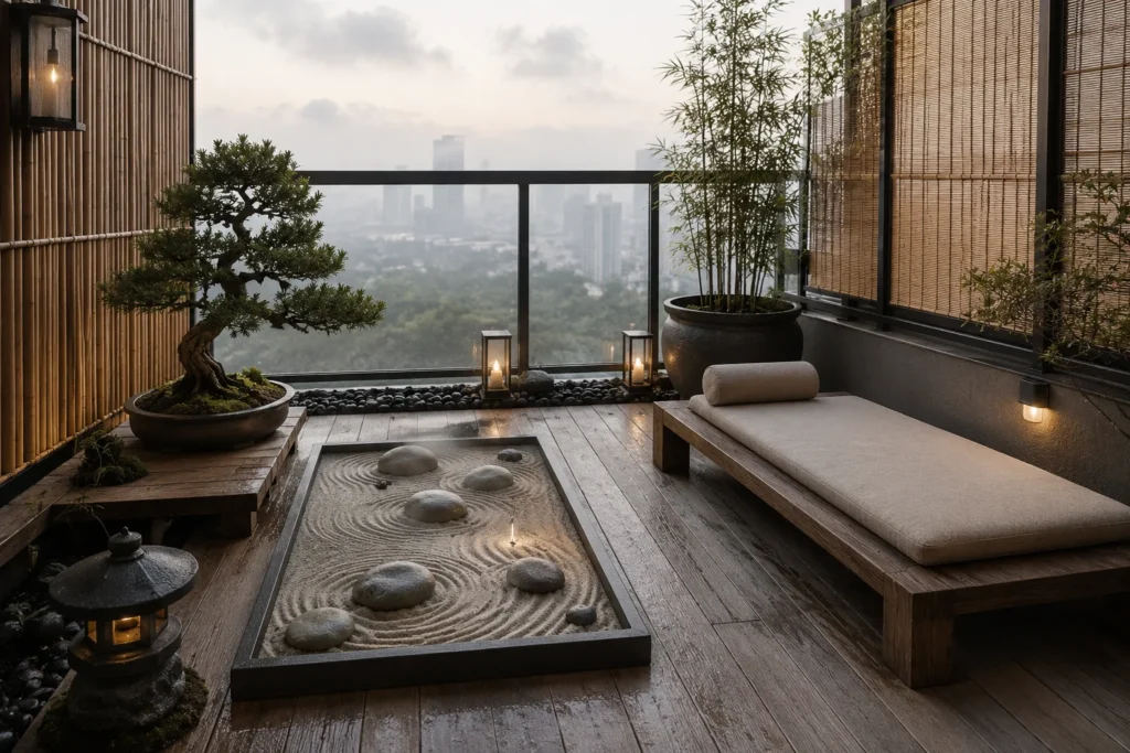 Japanese zen balcony decor ideas 2026 with bonsai dry garden and bamboo screen