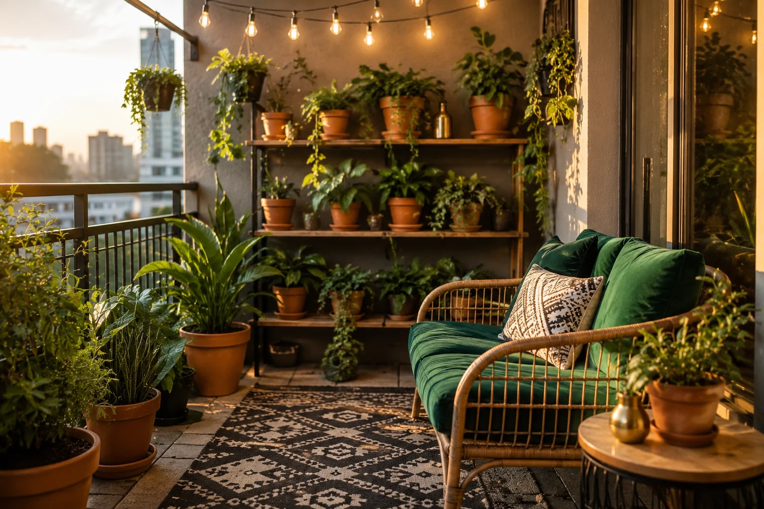 balcony decor ideas 2026 – cozy apartment balcony with plants and string lights