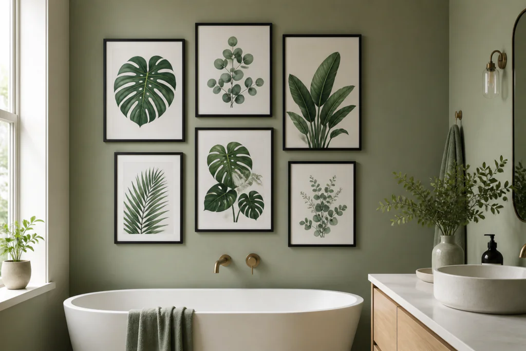 botanical gallery wall bathroom wall decor ideas with framed plant prints
