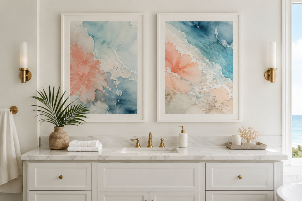 watercolor abstract canvas prints bathroom wall decor ideas coastal summer 2026 blue coral