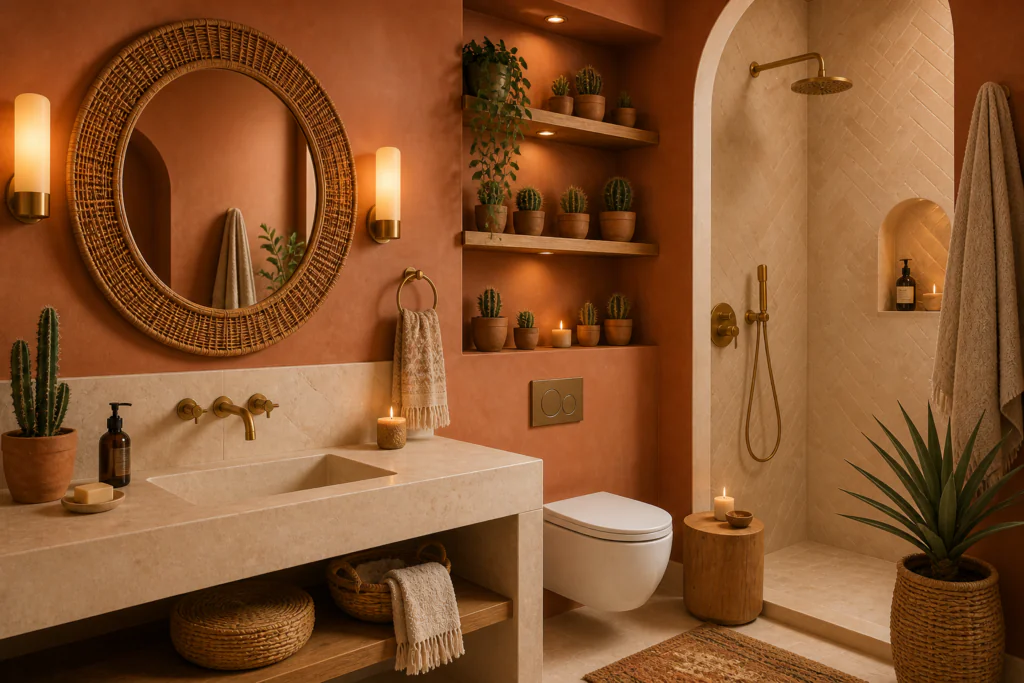 terracotta earth tone bathroom wall decor ideas 2026 desert spa aesthetic