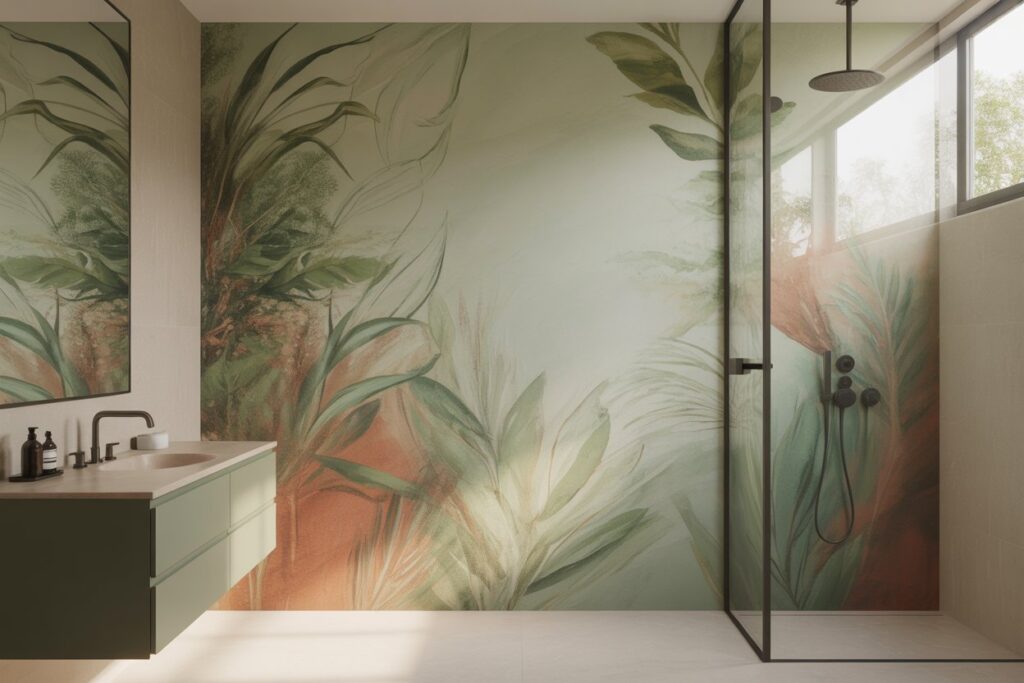 DIY painted mural bathroom wall decor ideas botanical stencil sage green summer 2026