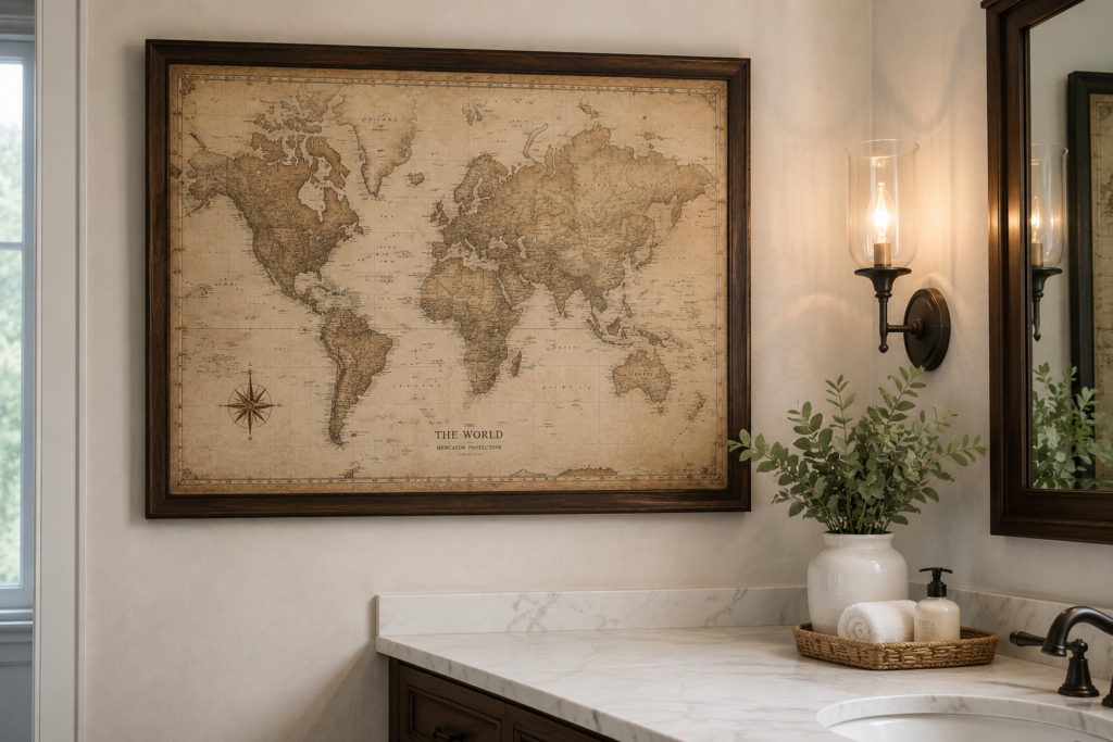 vintage map travel wall art bathroom wall decor ideas antique world map framed 2026