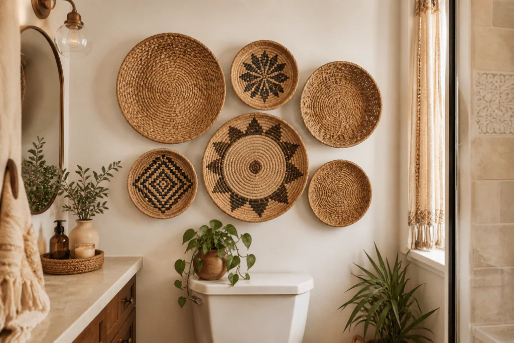 hanging woven baskets bathroom wall decor ideas boho textural wall art grouping