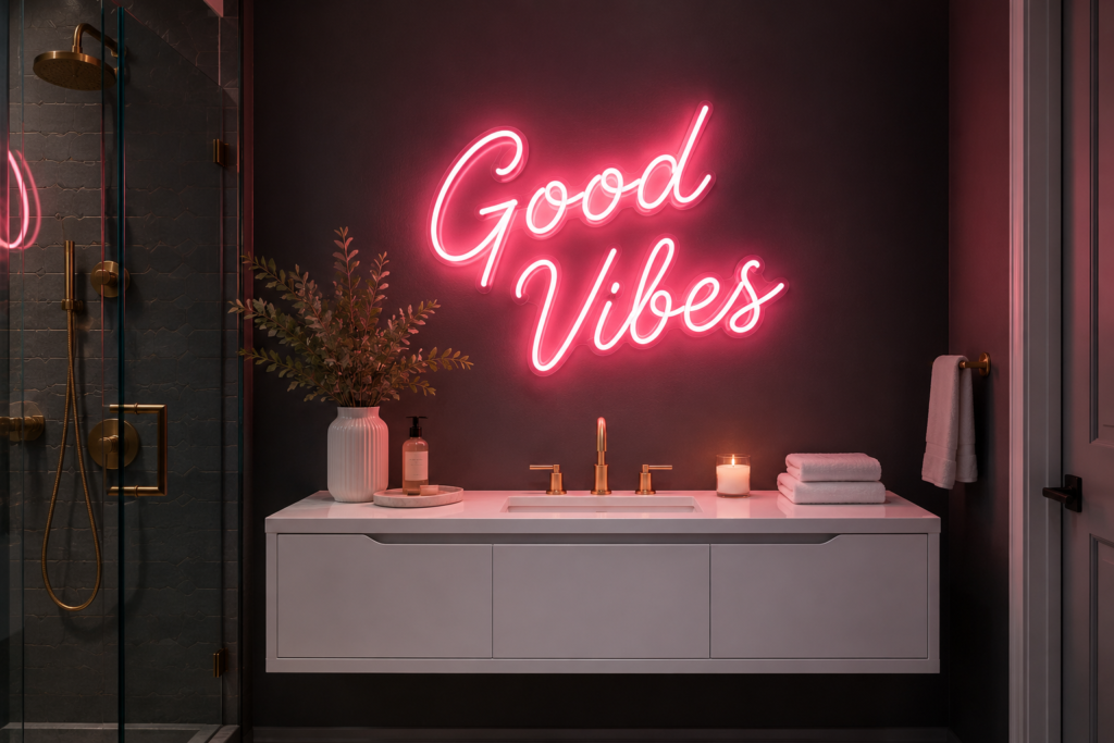 neon sign bathroom wall decor ideas pink LED good vibes modern trendy 2026