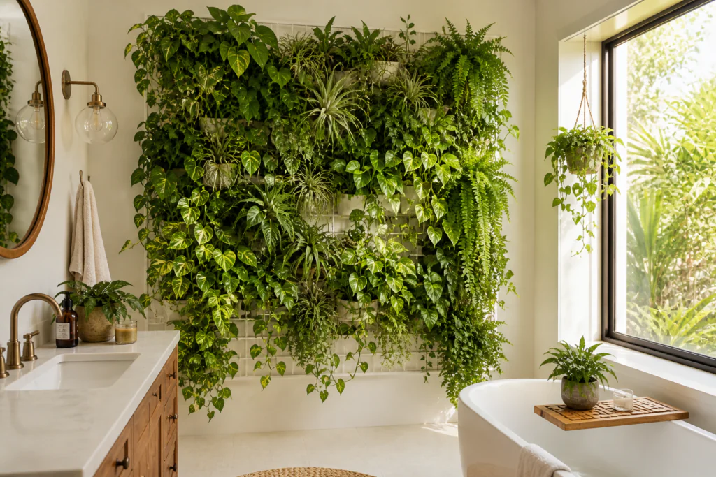 vertical living plant wall bathroom wall decor ideas green wall biophilic design
