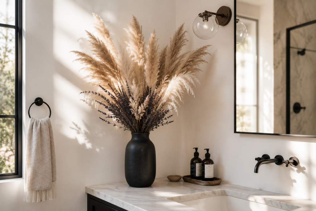 dried pampas grass bathroom wall decor ideas dried flowers boho summer 2026 natural