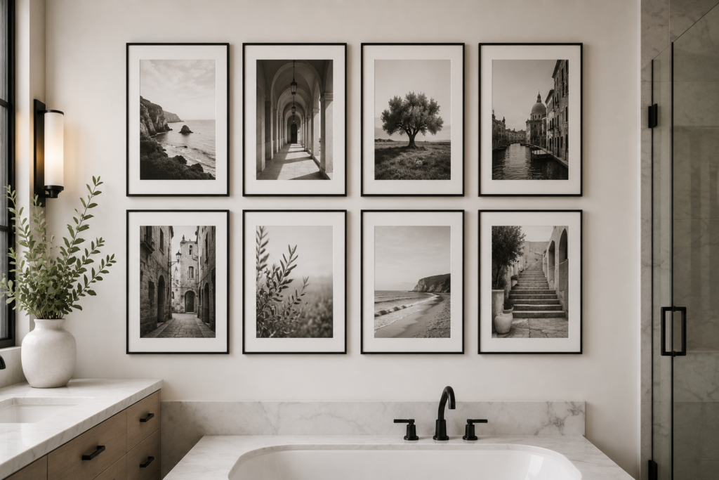 black white photography gallery wall bathroom wall decor ideas grid arrangement minimalist 2026