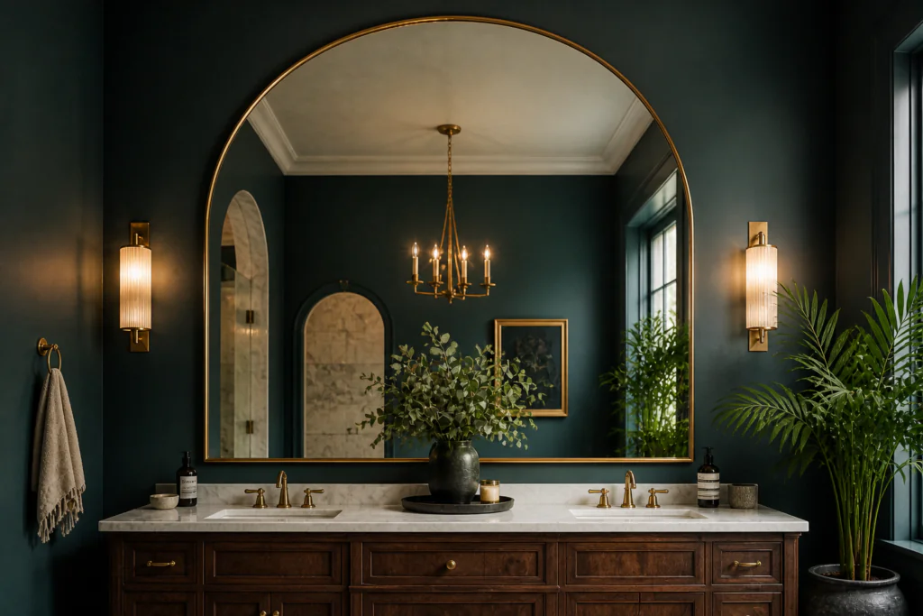 arched mirror statement wall bathroom wall decor ideas brass frame luxury 2026